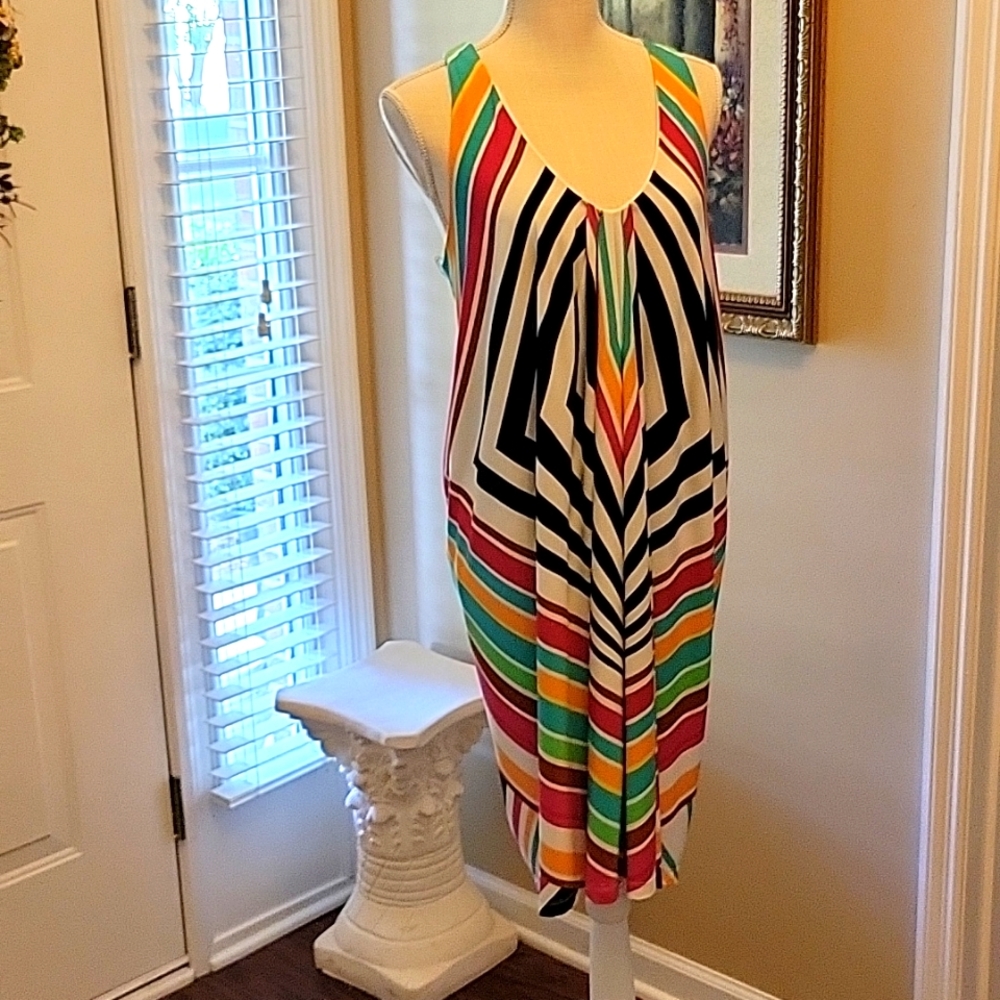 London Times stripe halter razorback dress black white aqua hot pink sz 10 EUC…